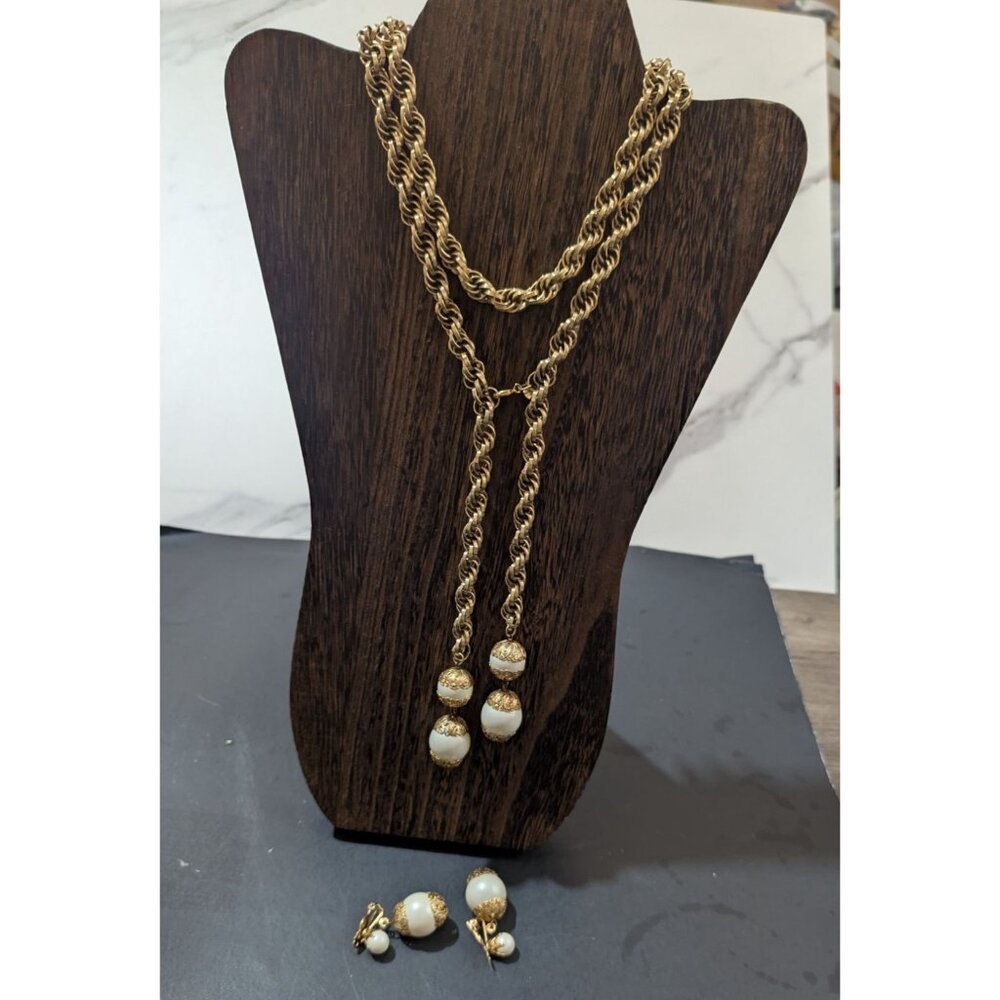 Vintage Judy Lee Gold Rope Necklace ‎ Earrings Set W/ White Beads Filigree